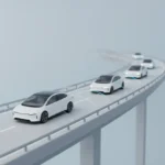 Four evenly spaced autonomous cars on an elevated lane linked by subtle blue lines, illustrating V2V coordination to ease traffic.