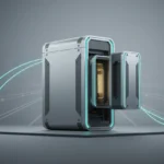 Sleek modular infrastructure hub with a snap-in expansion module, subtle road and rail lines softly blurred behind.