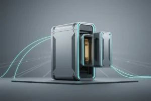 Sleek modular infrastructure hub with a snap-in expansion module, subtle road and rail lines softly blurred behind.