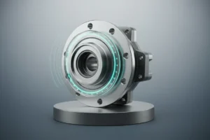 Smart wheel hub with integrated sensors emitting subtle light pulses, on a matte pedestal against a soft gray-blue background.