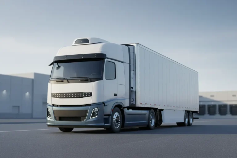 Autonomous electric refrigerated semi-truck near a minimalist distribution hub, symbolizing efficient pharmaceutical cold-chain logistics.
