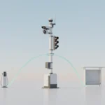 Smart traffic pole as hub with light trails linking to an EV charger and a bus shelter on a soft gradient background.