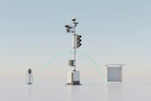 Smart traffic pole as hub with light trails linking to an EV charger and a bus shelter on a soft gradient background.