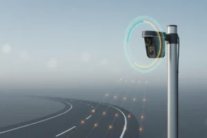 Smart streetlight sensor over a quiet road, encircled by subtle glowing rings suggesting performance metrics on a soft gradient background.