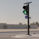 Smart traffic signal with sensors and solar panel on a quiet street, green light glowing against a soft city backdrop.