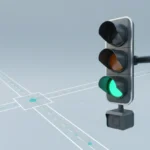 Sleek smart traffic signal with subtle data flows over a simple intersection, illustrating AI adaptive signal control.