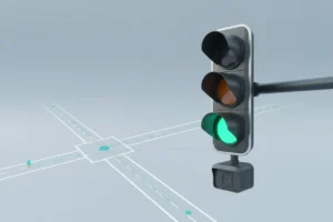 Sleek smart traffic signal with subtle data flows over a simple intersection, illustrating AI adaptive signal control.