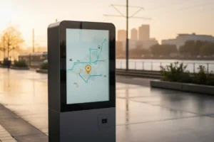 Sleek smart wayfinding kiosk with a glowing, text-free city map against a soft waterfront skyline.