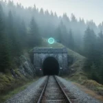 Misty hillside with a single railway tunnel marked by a glowing cyan pin and dotted route line, hinting at an AI-guided hidden find.