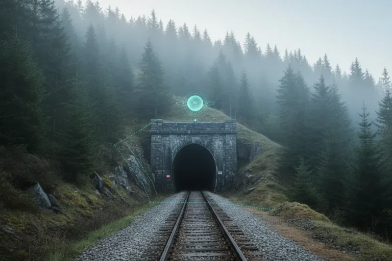 Misty hillside with a single railway tunnel marked by a glowing cyan pin and dotted route line, hinting at an AI-guided hidden find.