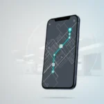 Phone showing an accessible, step-free transit route with elevator and audio guidance icons on a soft, neutral background.