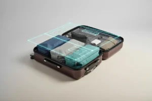 Open carry-on with neatly arranged packing cubes and a subtle holographic layout overlay on a soft neutral background.