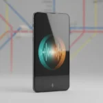 Smartphone with AI translation waveforms over a soft, blurred subway map background.
