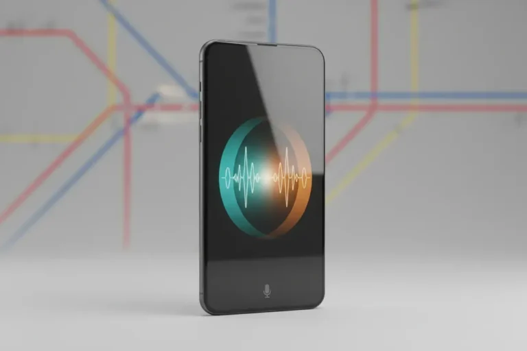 Smartphone with AI translation waveforms over a soft, blurred subway map background.