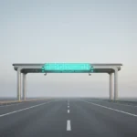 Smart toll gantry over an empty road, its crossbar made of glowing interlocking blocks symbolizing blockchain security.