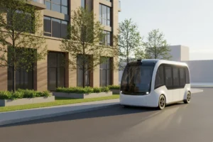 Autonomous shuttle at a curbside beside a modern apartment, with former parking turned into a small green park.