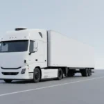 Autonomous white semi-truck with roof lidar on a minimalist road against a soft neutral gradient background.