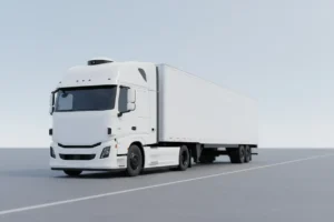 Autonomous white semi-truck with roof lidar on a minimalist road against a soft neutral gradient background.