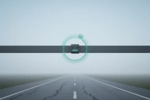 Overhead smart road sensor on empty highway, with a subtle glowing ring indicating data capture, against a soft gray-blue background.