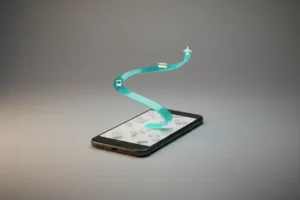 Sleek smartphone on neutral background, with a glowing multimodal route rising from its map screen, symbolizing seamless travel tech.