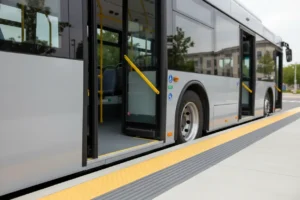 Low-floor bus flush with a raised curb and yellow tactile paving, illustrating level, accessible boarding against a soft city backdrop.