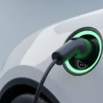 Close-up of an EV charge port with a plugged-in cable and glowing ring, symbolizing ultra-fast charging.