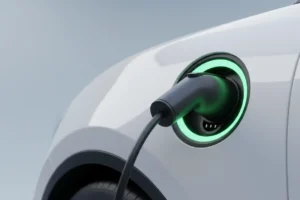 Close-up of an EV charge port with a plugged-in cable and glowing ring, symbolizing ultra-fast charging.