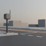 Smart roadside sensor hub at a clean intersection, emitting soft signal rings; muted city backdrop.
