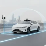 Self-driving car in a geofenced lane beside a roadside sensor, set against a soft, neutral city backdrop.
