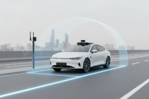 Self-driving car in a geofenced lane beside a roadside sensor, set against a soft, neutral city backdrop.