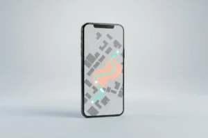 Phone displaying an AI-optimized travel route that detours around a crowded zone on a clean city map, against a soft neutral background.