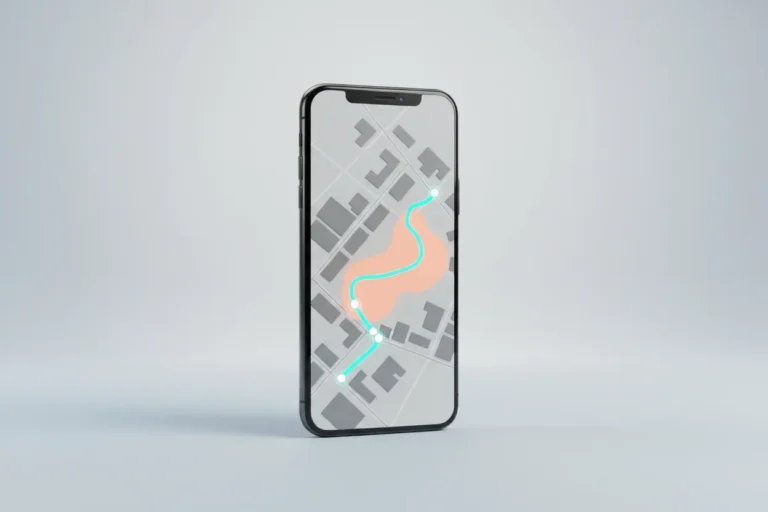 Phone displaying an AI-optimized travel route that detours around a crowded zone on a clean city map, against a soft neutral background.