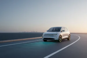Sleek autonomous electric car on a clear lane with subtle sensor arcs, set against a soft, minimal city backdrop.