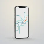Minimalist smartphone with a transit map and a highlighted disruption, radiating subtle signal waves on a soft gradient background.