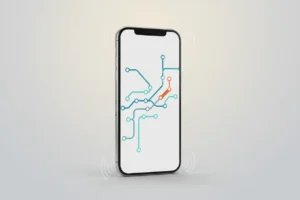 Minimalist smartphone with a transit map and a highlighted disruption, radiating subtle signal waves on a soft gradient background.