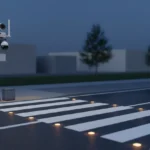Smart crosswalk at dusk with in-pavement LED lights and a sensor-equipped pole against a soft, neutral streetscape.