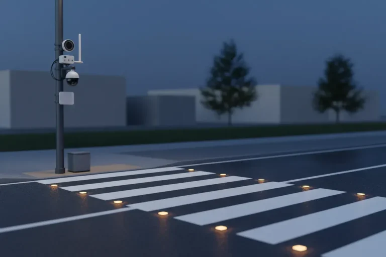 Smart crosswalk at dusk with in-pavement LED lights and a sensor-equipped pole against a soft, neutral streetscape.