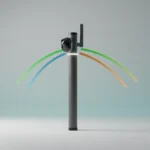 Smart traffic sensor pole with converging light trails on a soft neutral background, symbolizing multi-stakeholder collaboration.
