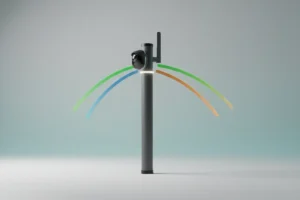 Smart traffic sensor pole with converging light trails on a soft neutral background, symbolizing multi-stakeholder collaboration.