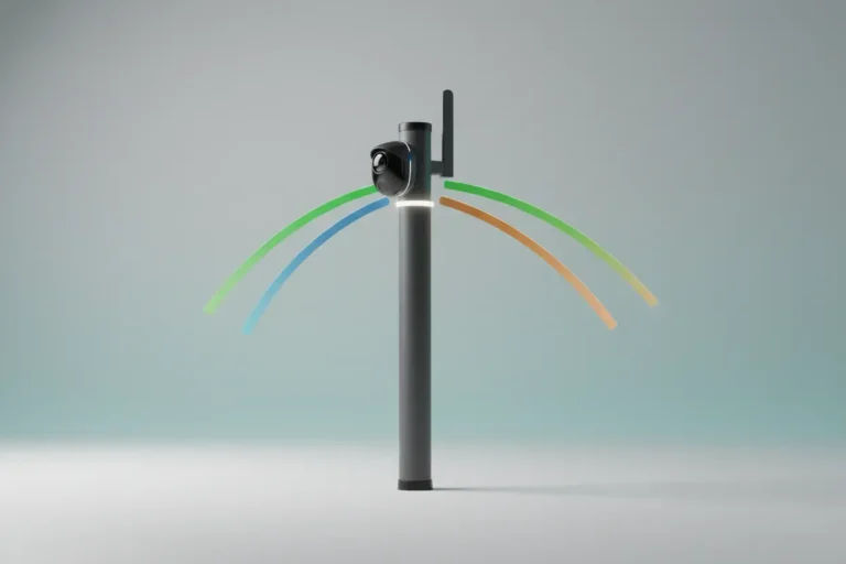 Smart traffic sensor pole with converging light trails on a soft neutral background, symbolizing multi-stakeholder collaboration.