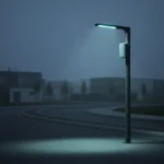 Smart LED streetlight with sensor lighting a quiet bus lane at dusk, soft city backdrop, subtle data halo.