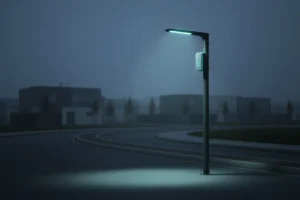Smart LED streetlight with sensor lighting a quiet bus lane at dusk, soft city backdrop, subtle data halo.