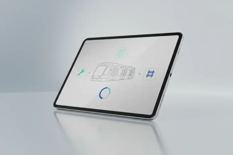 Sleek tablet showing a rail vehicle schematic and training icons on a soft background, symbolizing transit workforce upskilling.