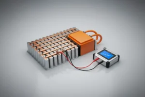 Open EV battery pack with orange high-voltage cables connected to a diagnostic tester on a soft gray background.