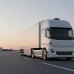 Sleek autonomous semi-truck on an empty highway at dawn, with roof-mounted sensors, against a soft gradient sky.