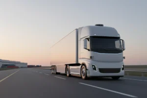 Sleek autonomous semi-truck on an empty highway at dawn, with roof-mounted sensors, against a soft gradient sky.