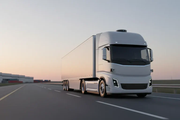 Sleek autonomous semi-truck on an empty highway at dawn, with roof-mounted sensors, against a soft gradient sky.