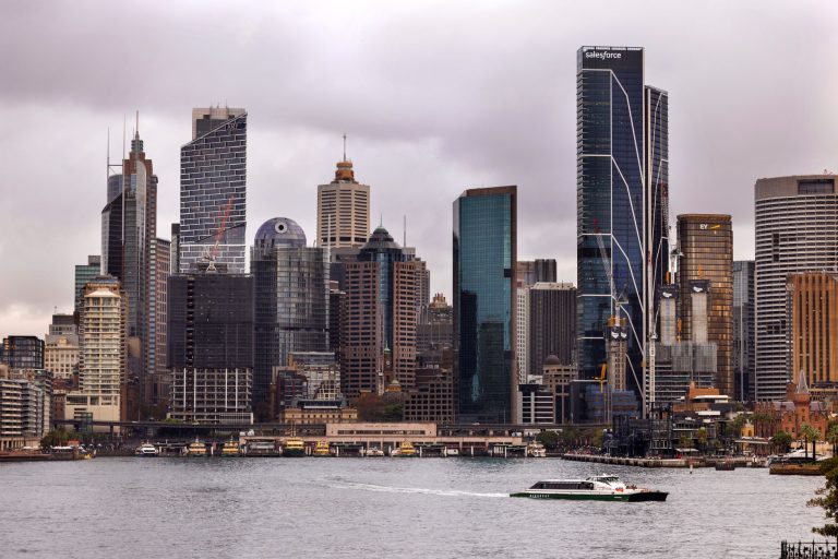 A futuristic city skyline with integrated transportation systems