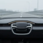 Retracted steering wheel in a clean autonomous car interior, with a soft city street beyond the windshield.