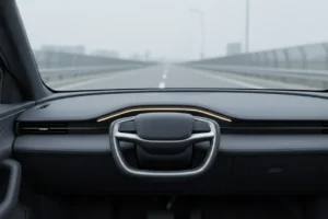 Retracted steering wheel in a clean autonomous car interior, with a soft city street beyond the windshield.